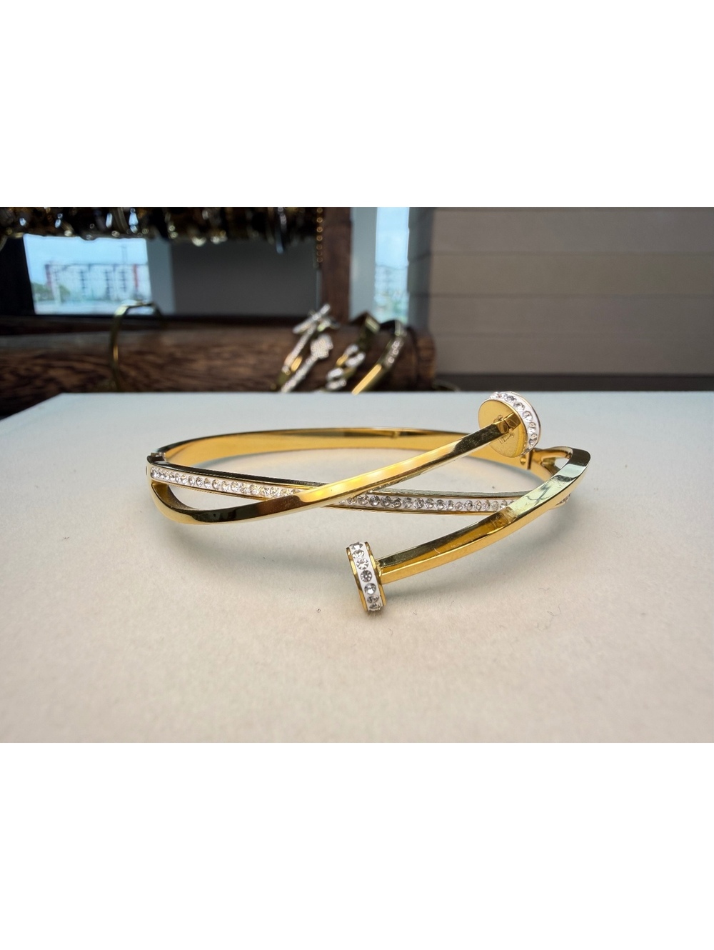 Non-Tarnish 18K Gold Plated Crystal Nail Bangle